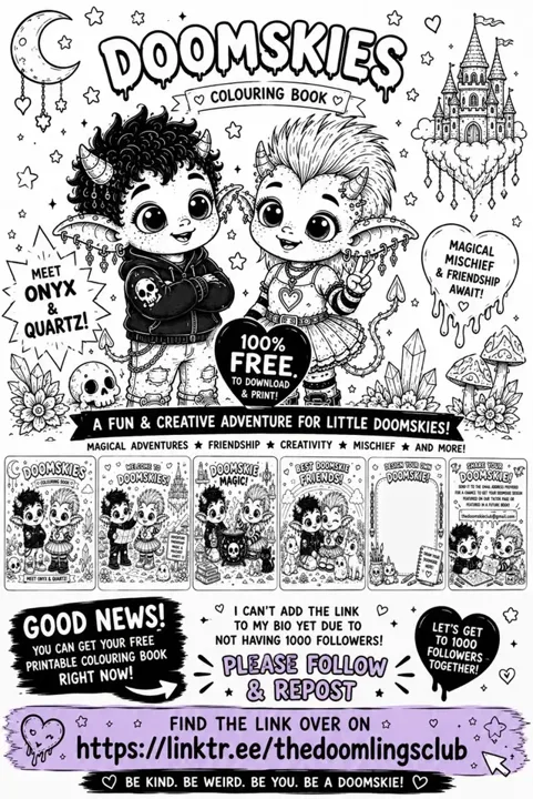 Our FREE Doomskies Printable Colouring Book is ready! 🎨🖤 Meet Onyx & Q