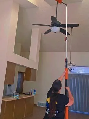 When the ceiling fan is THIS high… we still get it 😅🧹 No dust left beh